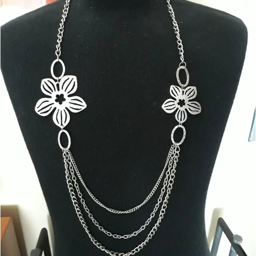 Triple Stand Opera Length  Necklace Silver Flowers 36”